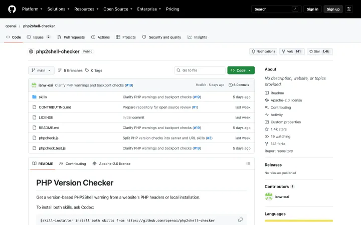 Landingpage von PHP Version Checker